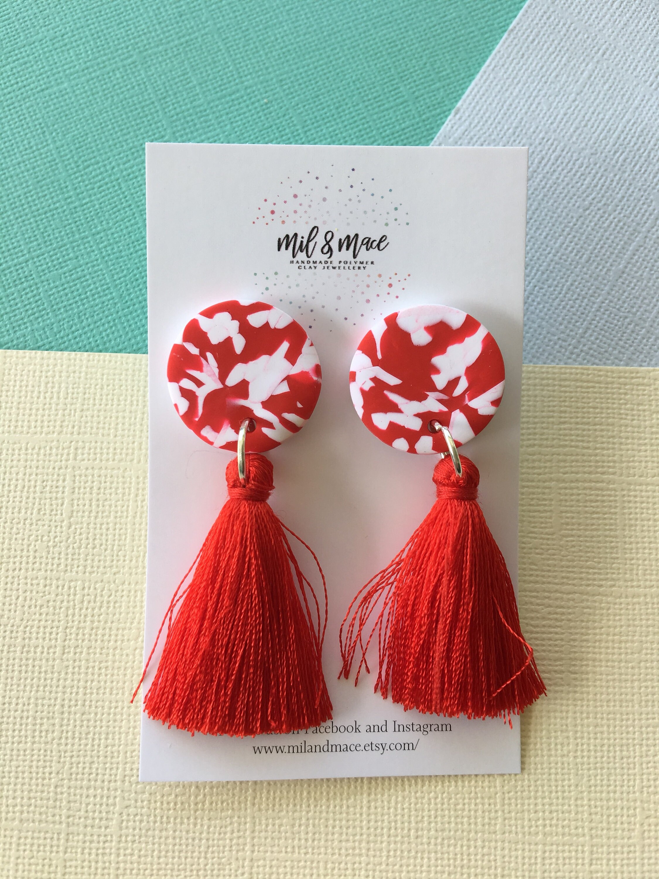 Red and White Tassel Earrings