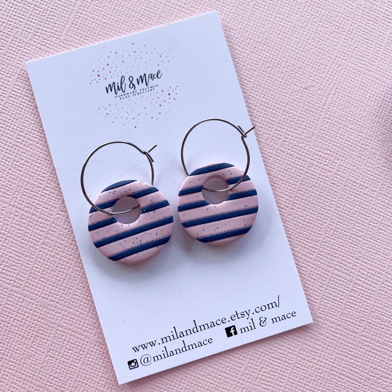 earrings stripes polymer clay colourful earrings Pink and navy stripe hoop dangle earrings statement earrings