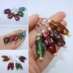 Handmade earrings with oval and rectangular colored glass beads and pearly white beads