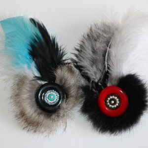 Handmade brooch with colored button, glass and wood beads, faux fur and three feathers