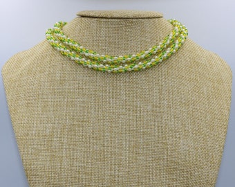 Handmade Crochet Necklace in White, Yellow and Green