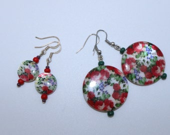 Handmade earrings with flat white mother-of-pearl (shell) beads with the pattern of red roses and green leaves