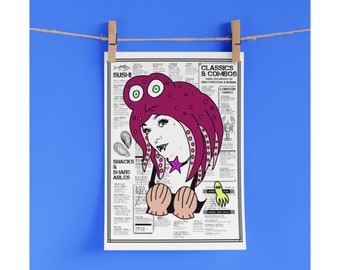Jimzina & King Poretous A4 Print Poster, Kitsch Art, Street Art, Graffiti, PopArt, Pop Art, Home Decor, Vintage Retro, Octopus Girl Pin Up