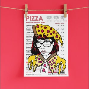 Jimzina & King Poretous Pizza Girl A4 Print Poster, Kitsch Art, Street Art, Graffiti, PopArt, Pop Art, Home Decor, Vintage Retro Pin Up