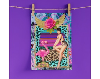 Flamingo Pin Up Girl Vintage Kitsch Collage Print Digital Art, Home Decor, Jimzina Street Art, Graffiti