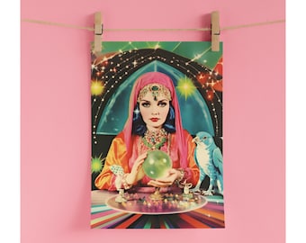 Fortune Teller Retro Kitsch Print, Palmistry Witch Witchy, A4 Vintage Retro Art Poster, Quirky Wicca Pagan Gothic Wall Art, 70s Home Decor
