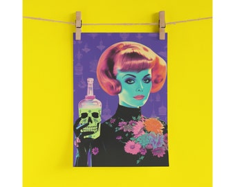 Witchy Retro Kitsch Print, Quirky Wicca Pagan Witch Skull, Gothic Wall Art, A4 Vintage Poster, 70s Home Decor, 60s Wall Art, Dark Academia