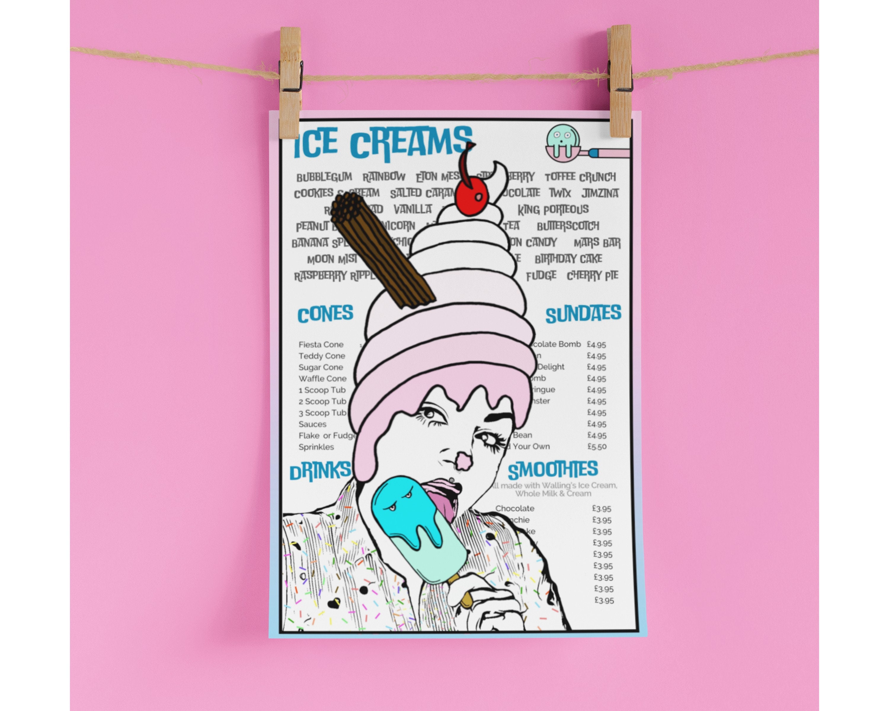 Jimzina & King Poretous A4 Print Poster, Kitsch Art, Street Art, Graffiti, PopArt, Pop Art, Home Decor Vintage Retro, Ice Cream Girl Pin Up