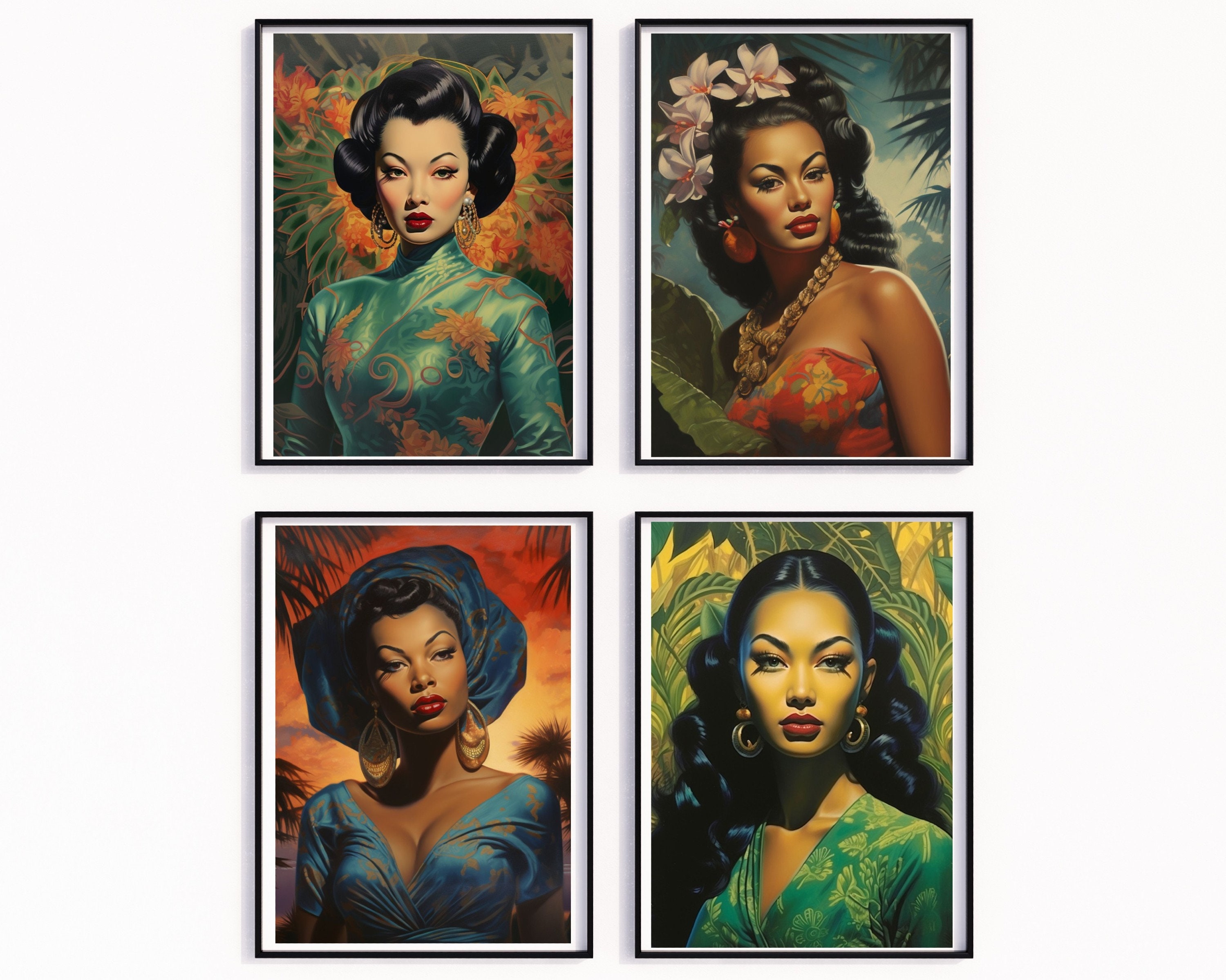 Set of 4 Tretchikoff inspired Prints, Kitsch Mid Century Modern, Vintage Wall Art, Retro Print, 70s Wall Art, 60s Wall Art