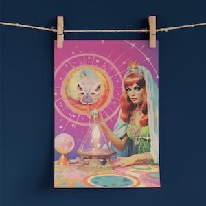 Impresión kitsch adivino, arte de pared vintage, arte de pared retro, quiromancia, gitano, bruja bruja, ocultismo pagano, arte de pared peculiar, impresión rosa