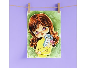 Vintage Mid Century Modern Kitsch Print, Retro Home Decor, 60s Wall Art, 70s Wall Art, Kitsch Art, Big Eyes, Cute Wall Art