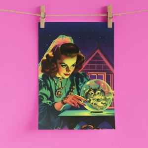 Impresión de adivino, arte de pared vintage retro kitsch, bruja de quiromancia de bola de cristal, pagano Wicca peculiar, decoración gótica del hogar