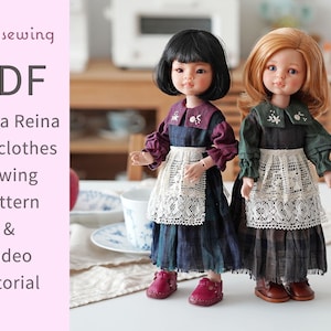 PDF doll clothes sewing pattern & video tutorial : Black watch checked dress  / 13&quot; Paola reina doll