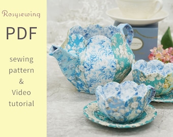 Cartamodello PDF e video tutorial: Realizzazione di teiera e tazza da tè, piattino/trapunta patchwork
