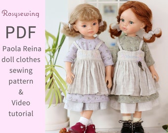 PDF doll clothes pattern : Laura set - apron&dress for paola reina 13&quot; doll - video tutorial