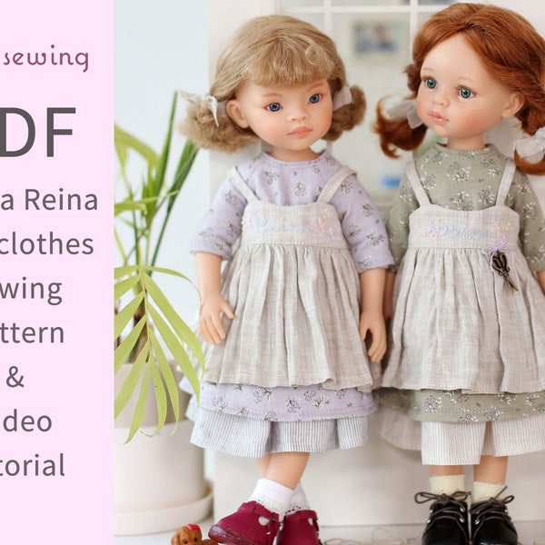 PDF doll clothes pattern : Laura set - apron&dress for paola reina 13" doll - video tutorial