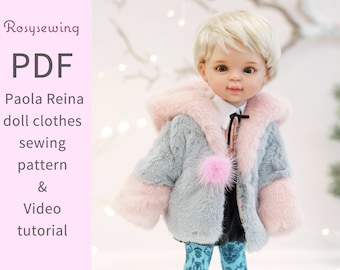 PDF doll clothes sewing pattern & video tutorial : Faux Fur hoodcoat n Balloon pants / 13" Paola Reina doll