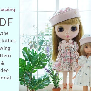 PDF doll clothes sewing pattern : Sailor dress & Hat / Blythe, Paola reina mini doll - video tutorial