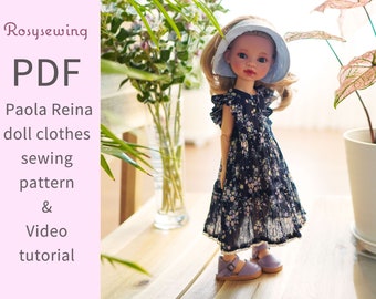 PDF doll clothes sewing pattern & video tutorial : April dress n Ribbon suncap / 13&quot; Paola reina doll