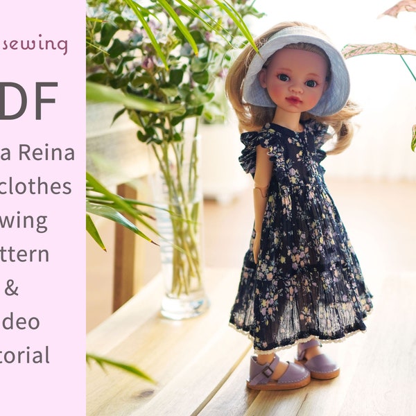 Patron de couture de vêtements de poupée en PDF et tutoriel vidéo : robe d'avril et bonnet de bain en ruban / poupée Paola reina de 33 cm