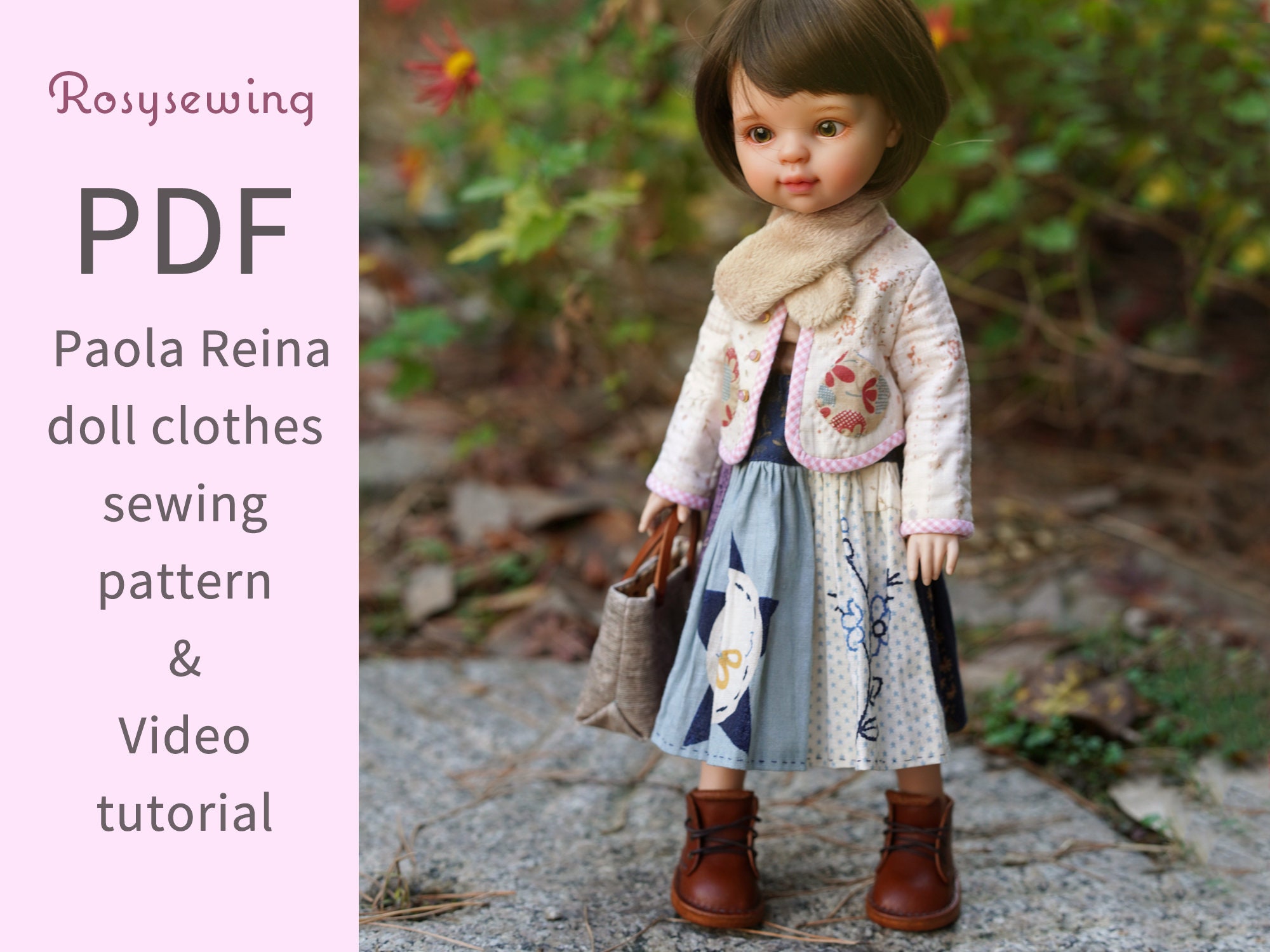 PDF doll clothes sewing pattern & video tutorial : quilting jacket n patch skirt set / 13" Paola reina doll