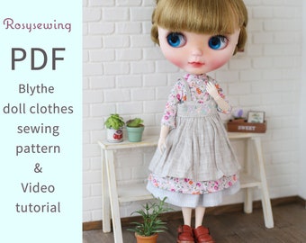 PDF doll clothes pattern : Laura set - apron&dress for Blythe, 1/6 doll - video tutorial