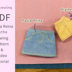 PDF doll clothes sewing pattern & video tutorial : Denim Mini Skirt / 13&quot; Paola Reina doll ,Blythe