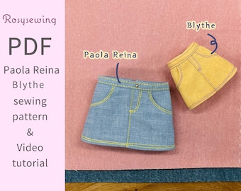 PDF doll clothes sewing pattern & video tutorial : Denim Mini Skirt / 13" Paola Reina doll ,Blythe