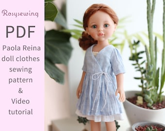 PDF doll clothes pattern : linen wrap dress for paola reina 13&quot; doll - video tutorial