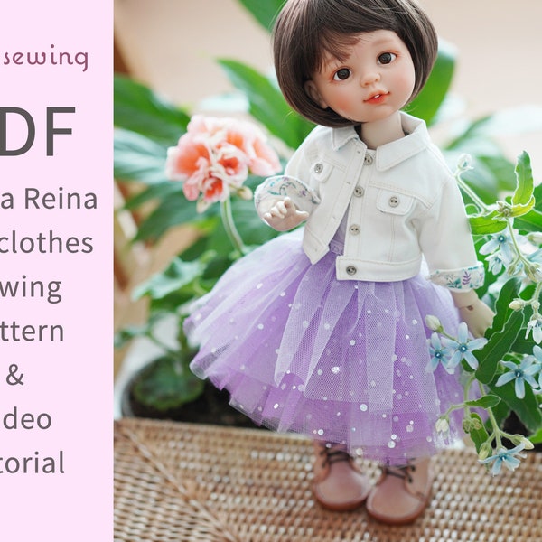 Patrón de costura de ropa de muñeca en PDF y video tutorial: Chaqueta de mezclilla N vestido de tutú / muñeca Paola Reina de 13"