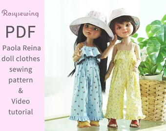PDF doll clothes sewing pattern & video tutorial : Tubetop jumpsuit n summer Hat / 13" Paola reina doll