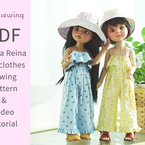 PDF doll clothes sewing pattern & video tutorial : Tubetop jumpsuit n summer Hat / 13" Paola reina doll