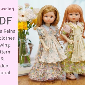 PDF doll clothes sewing pattern & video tutorial : Lobelia dress N Two-way apron / 13&quot; Paola Reina doll