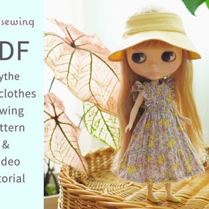 PDF-naaipatroon voor poppenkleertjes en video-tutorial: apriljurk en lintzonnekap / Blythe-pop