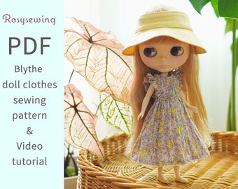 PDF doll clothes sewing pattern & video tutorial : April dress n Ribbon suncap / Blythe doll