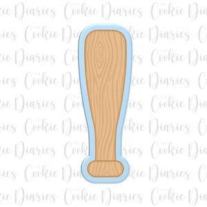 May include: A light blue cookie cutter shaped like a baseball bat with a tan wood grain pattern on the interior surface. The design features a rounded barrel, a tapered handle, and a knob at the base, all outlined by a smooth plastic frame.