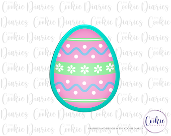 May include: A turquoise blue cookie cutter shaped like an Easter egg. The egg is decorated with pink, green, and blue stripes and white dots.