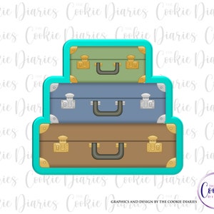 May include: A cookie cutter in the shape of three stacked suitcases. The suitcases are brown, blue, and green. The top suitcase has a gold latch and handle. The middle suitcase has a silver latch and handle. The bottom suitcase has a gold latch and handle.