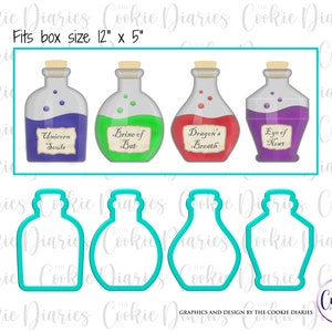May include: Four potion bottle cookie cutters and decorated cookies. The cookies contain purple, green, red, and purple liquids, labelled "Unicorn Souls", "Brine of Bat", "Dragon's Breath", and "Eye of Newt". The box size is 30.48 cm x 12.7 cm.