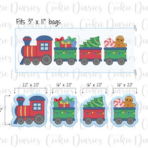 May include: A set of five cookie cutters shaped like a Christmas train. The train is made up of an engine, a boxcar with presents, a boxcar with a Christmas tree, a boxcar with a candy cane and gingerbread man, and a caboose. The cutters are 2.2 inches by 2 inches and 1.6 inches by 2 inches. The text "Fits 3" x 11" bags" is at the top of the image.