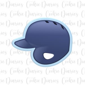 May include: A dark blue baseball batting helmet cookie cutter with a light blue border. The helmet features a rounded top with three small ventilation slits and a curved brim extending to the left, along with a circular ear hole opening.