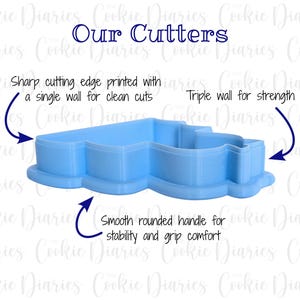 May include: A light blue plastic cookie cutter with a smooth rounded handle. The cutter has a single wall for clean cuts and a triple wall for strength. "Our Cutters" is written in black text at the top of the image.