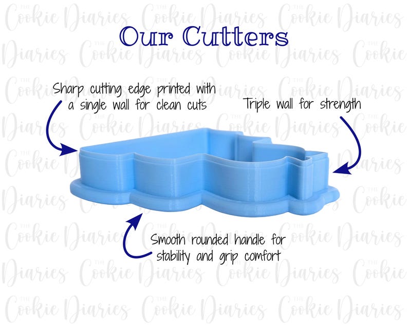 May include: A light blue plastic cookie cutter with a smooth rounded handle. The cutter has a single wall for clean cuts and a triple wall for strength. "Our Cutters" is written in black text at the top of the image.