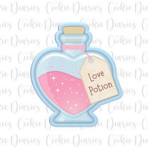 May include: A light blue cookie cutter shaped like a heart-shaped potion bottle. The bottle contains pink liquid with white star accents and a cork stopper. A tag that reads "Love Potion" is attached with pink string.