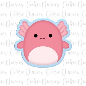 May include: A blue and pink axolotl cookie cutter. The axolotl is a type of salamander with feathery gills and a cute, cartoon-like face.