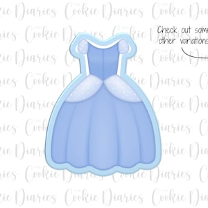 May include: A blue princess dress cookie cutter. The dress has a white bodice with a light blue skirt and white stars. The cutter is made of metal and is ready to be used to create cookies.