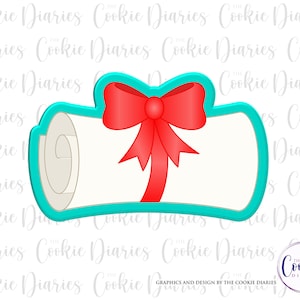 May include: A turquoise blue cookie cutter shaped like a graduation diploma with a red bow on top. The diploma is rolled up and tied with a ribbon.