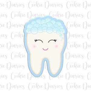 May include: A cartoon tooth with blue and white soapy foam on top. The tooth has a smiling face with closed eyes and pink cheeks.