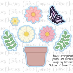 May include: A selection of cookie cutters featuring floral and botanical designs, including flowers, leaves, a butterfly, and a planter. The cutters have a light blue outline, with pink, yellow, and white details. Text reads "Bouquet arrangement, planter and butterfly design by Christine Dutcher of Sweet Prodigy."