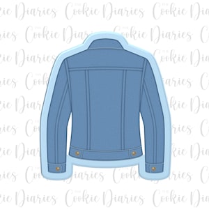 May include: A light blue denim jacket cookie cutter with a light blue outline. The cookie cutter has a classic design with button details and a collar. The back of the jacket is visible.